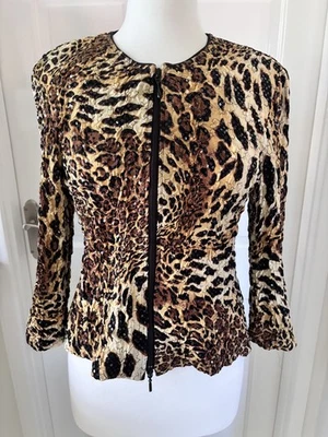 JOSEPH RIBKOFF .. Brown mix Animal print Crinkle Popcorn Zipped Jacket Sz 16 - Image 1 of 4