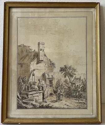 Dessin XVIIIe. Scène De Ferme/Femme Au Puit. Encadré.Lavis, Encre Noire. Signé. - Photo 1/4