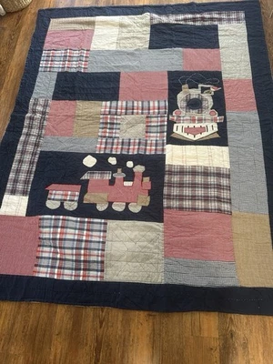 拼布被子铁路火车引擎格子红色蓝色双色 — 第 1/4 张图片