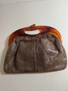 Vintage Bermuda Bag Brown Leather  Tortoiseshell Lucite Handles 70’s Hippie - Picture 1 of 9