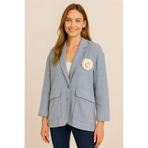 Madewell Blazer Relaxed Larsen Cotton & Linen Blue Windowpane Jacket Size L - Picture 1 of 14