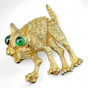 Broche Gato Ojos Verdes y Estrás Tono Dorado Kenneth Jay Lane Raro De Colección - Imagen 1 de 8