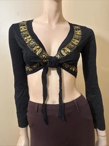 Women’s Black Rayon Casual Stretch Slim Short Beaded Embroidered Size S/M Bolero - Picture 1 of 20