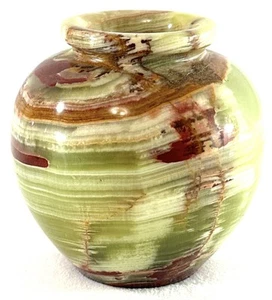 Geschnitzte mehrfarbige grüne runde Onyx Vase 3,75" hoch & breit - Bild 1 von 7