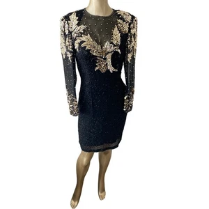 Abito donna vintage Niteline paillettes nero argento oro seta taglia 6 strass - Foto 1 di 7