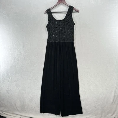 Vintage Jumpsuit Womens M Black Velvet Rhinestone Wide Leg 80s Glam Pipe Dream - Image 1 of 4