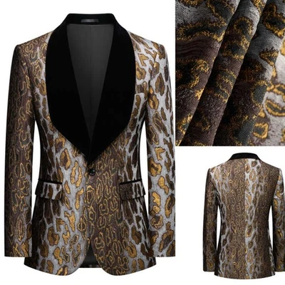 Hombres Traje Jacquard Dorado Negro Chal Solapa Chaqueta Sencillo Pecho Fiesta Moda Foto 1 de 4