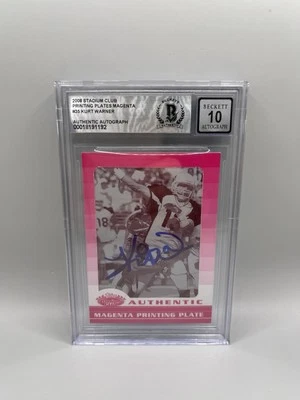 Kurt Warner 2008 Topps Stadium Club 1/1 cartão placa Beckett grau 10 autografado - Imagem 1 de 2