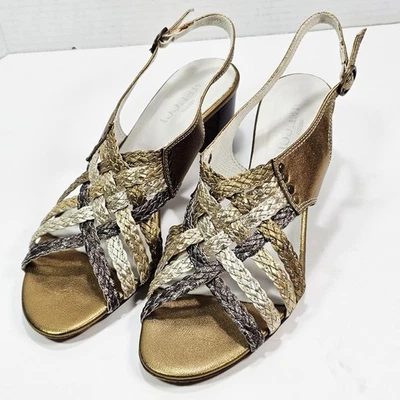 Sesto Meucci Womens 9.0 NARROW Paula Bronze Leather Slingback Sandals 2.50" - Image 1 of 4