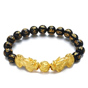 999 echtes 24K Gelbgold Armband Mann Frau 3D Lucky Pixiu Link 10 mm Gold Perle - Bild 1 von 5