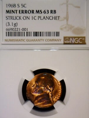 1968s ERROR NGC MS63 Off Metal Jefferson Nickel n Cent Wrong PLANCHET CH BU Coin - Image 1 of 4