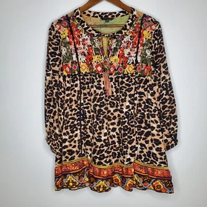 John Mark Womens Animal Print Embrodiered Tie Neck Peasant Top Size S Boho Artsy - Picture 1 of 9
