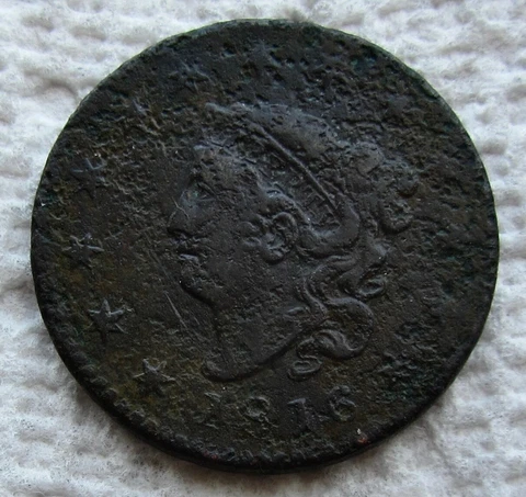 1816 Coronet Head Large Cent Rare Early Date VF Detail Corroded Cover