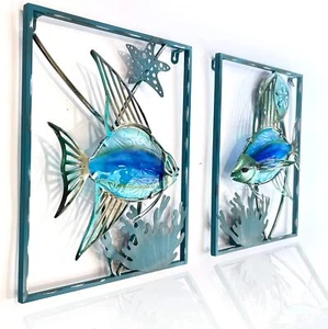 Metal Fish Wall Decor Outdoor with LED Fairy Light Glass Art Wall Sculpture 2pcs - Picture 1 of 6