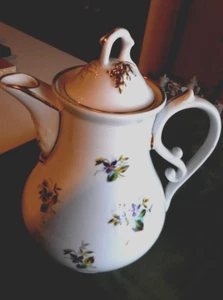kaffeekanne biedermeier porzellan alt, gebraucht, goldrand, veilchendekor, - Bild 1 von 7
