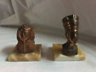 VINTAGE 2er Set Kupferschicht Statue Tutanchamun & Nofretete auf Marmorsockel