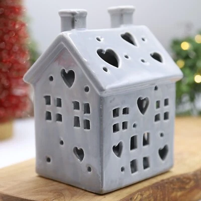 Christmas Ceramic Grey House Shaped Home Tealight Candle Holder Festive Decor - Image 1 of 4