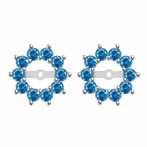 1Ct Blue Round Diamond Solitaire Stud Earrings Jackets Halo 14K White Gold - Picture 1 of 1