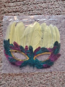 Yellow / Green Feather Masquerade Ball Mardi Gras Halloween Mask - Picture 1 of 3