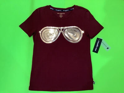 KARL LAGERFELD Women’s Short Sleeve T-Shirt Size SMALL Dark Red w/Silver - Image 1 of 4