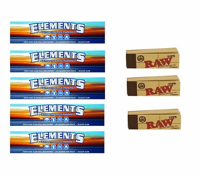 5x Elements King Size Slim Thin Rice Rolling Rizla Papers + 3x RAW Roaches Tips