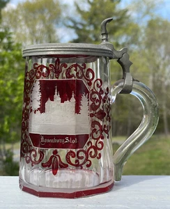 Antique Ruby Red Cut to Clear Glass Beer Stein Germany Bohemian Rosenborg Castle - Picture 1 of 24
