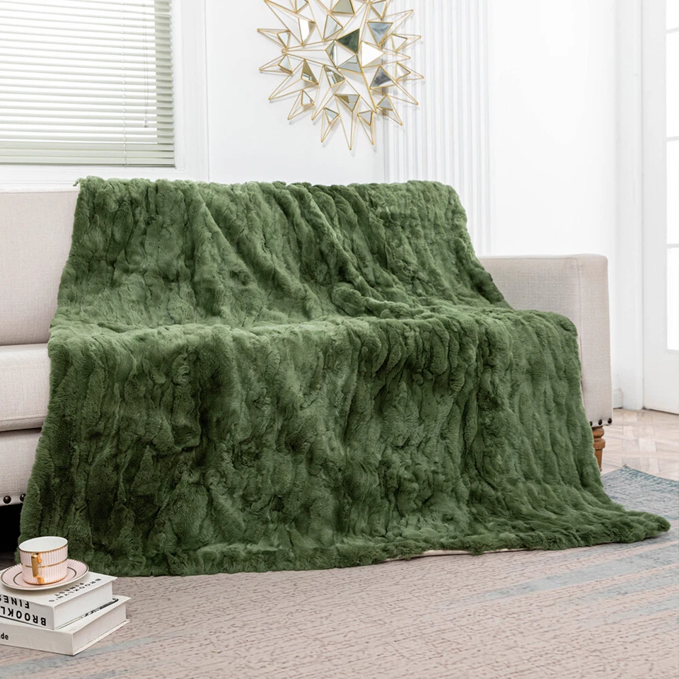 Manta de piel de conejo Rex real verde manta de cuero alfombras de piel Queen 79""x55"" Foto 1 de 4