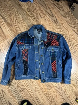 Denim Jacket Carole Little  Womens Medium Plaid Paisley 80s 90s Vintage - Image 1 of 4
