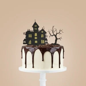 Glitter HAUNTED HOUSE/TREE Design Halloween Cake Topper 7" Single or Double Side - Picture 1 of 2