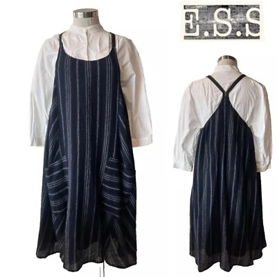 Vestido Delantal ESS LABOR Azul Marino/Tostado/Marfil 100% Lana Hilado Tinte Rayas Delantal S Foto 1 de 4