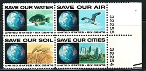 US Block of 4 Anti pollution Stamps Set With Plate# 3224,Scott# 1410-1413,(MNH) - Picture 1 of 2