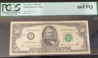 1988 J $50 FRN PCGS Gem New 66PPQ - Image 1 of 2