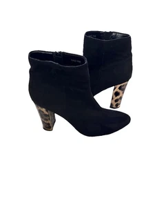 LUNAR ELEGANCE .. Black Faux Suede Ankle Boots Animal Print Heel Sz 7 - Picture 1 of 8