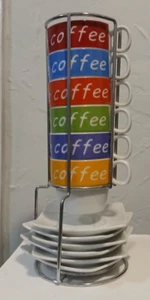 Rainbow Coffee Latte Coffee set of 6 cup + saucers in chrome stand - Picture 1 of 11