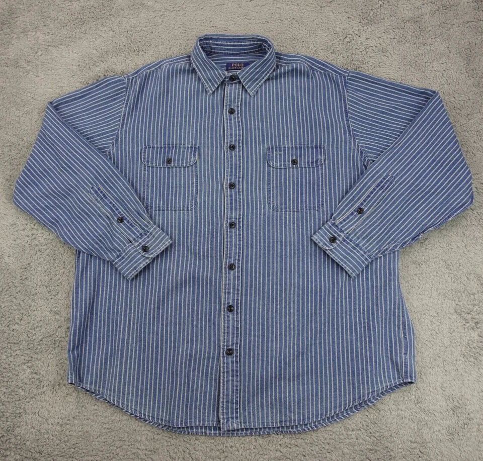Polo Ralph Lauren Shirt Mens 1XB Blue Classic Fit Indigo Denim Striped Workshirt - Image 1 of 4