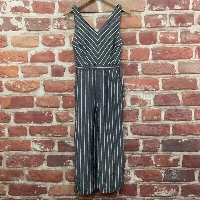 Ann Taylor Loft Jumpsuit Womens Size 4 Linen Blend Gray Striped Wide Crop Zip Up - Image 1 of 4