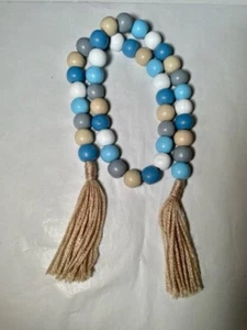 Handmade, 39” Blue Wooden Bead Garland w/ Tassels, Unique Gift - Picture 1 of 4