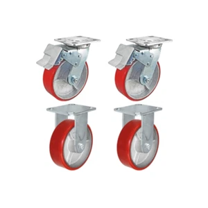 8" x 2" Total Lock Caster Set of 4 - 2 Total Locking Casters & 2 Rigid - Red PCI - Picture 1 of 8