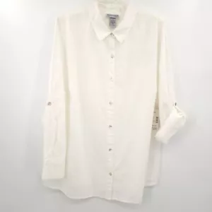 Catherines NWT embroidered button down top Plus Size 1X white roll-tab sleeves - Picture 1 of 12
