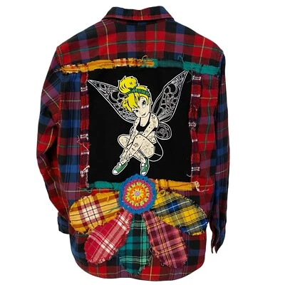 Женская фланелевая рубашка Upcycled XL Tattoo Tinkerbelle Grunge Shacket Rock Concert - Изображение 1 из 4