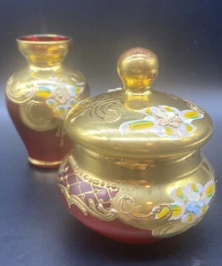 Murano Italy 24KT Red & Gold Hand Made Vase & Lidded Jar Trinket Dish VINTAGE - Picture 1 of 19