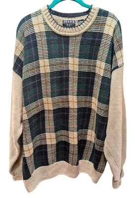 Vintage Trader Bay Plaid Sweater Mens Knit Cotton Made USA Geometric Pullover XL - Image 1 of 4