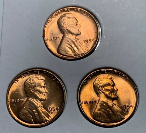 BU Red Gem 1954 P D S Lincoln Wheat Cent  3 Penny Set Superb Looking Coins Cover