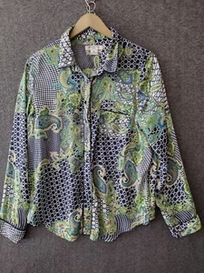 Liz Claiborne Shirt Blouse Women's PL Green/Blue Paisley Button Up - Picture 1 of 13
