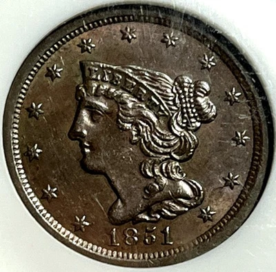 🍫 1851 Half Cent NGC MS63 BN – Chocolate Brown Gem, Sharp Detail & Eye Appeal - Image 1 of 4