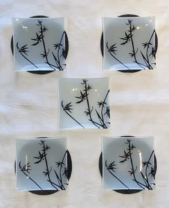 Square Glass Appetizer/Sushi Plates 5.25" Gray with Bamboo Design Set of 5 - Picture 1 of 14