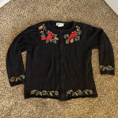2000s Tiara International Vintage Zip Up Christmas Sweater W Cardinals, Pinecone - Image 1 of 4