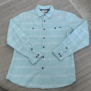 Reef Shirt Mens Large Aqua Blue Striped Button Up Long Sleeve 100% Cotton - Picture 1 of 5