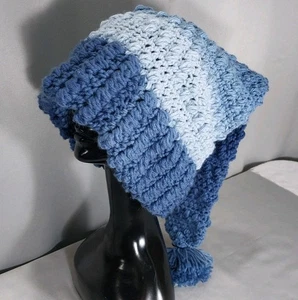 Long-Tail Winter Hat Adult XL Blue Color-Block Pom-Pom Handmade Crocheted  - Picture 1 of 12