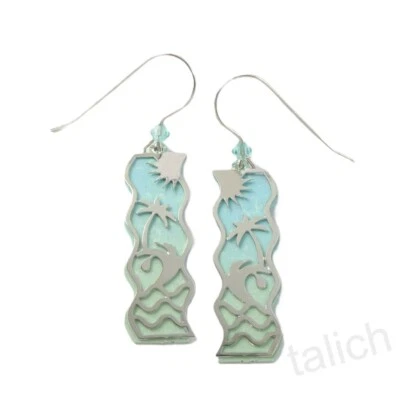 Pendientes Adajio Columna Ondulada Aqua Azul Océano con Superposición de Playa Plata Brillante 8130 Foto 1 de 4